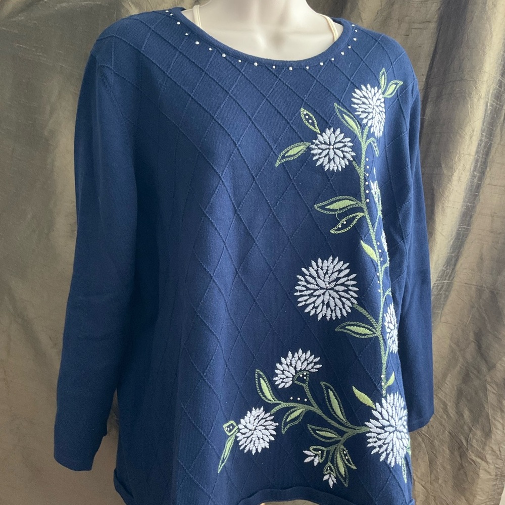 Alfred Dunner Navy Knit Sweater with White Flower Embroidery